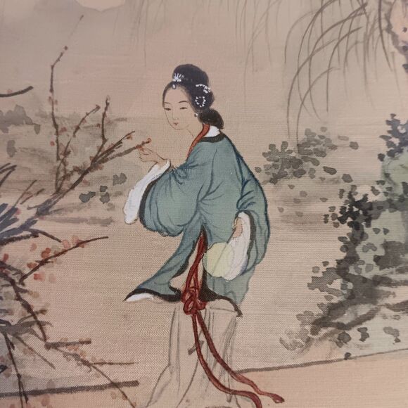 Vintage Chinese Asian Paintings on Silk Woman in Landscape Gold Frame Set of Two - Picture 7 of 16